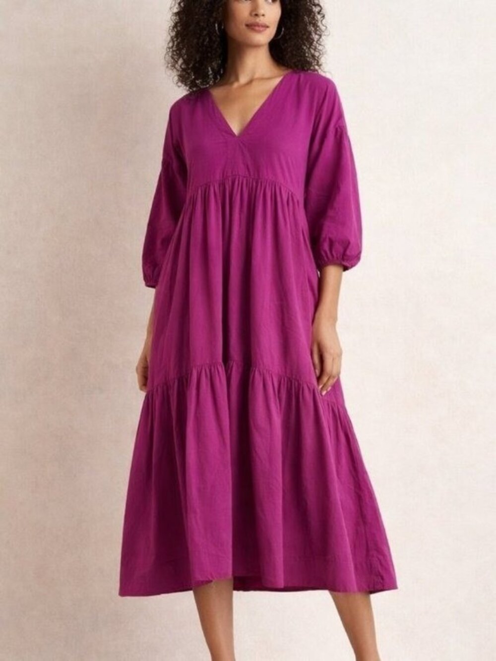 🛍 Anthropologie Maeve Fuchsia Pink Tiered Midi Dress Boho V-Neck 3/4 Sleeve XS